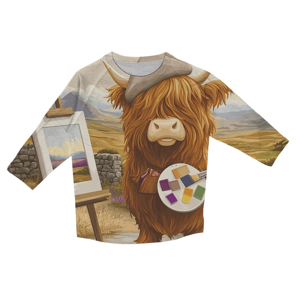 Highland Cow Art Student With Easel printed three quarter sleeve shirts