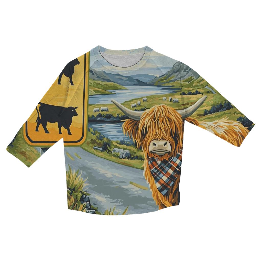 Highland Cow Crossing Sign At The Roadside designer 3/4 sleeve blouses