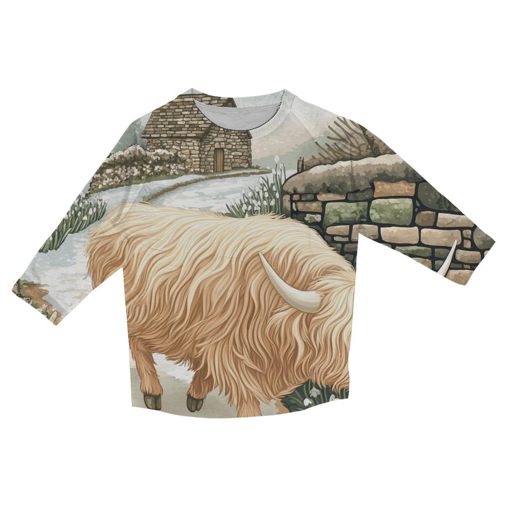 Highland Cow Snowdrop Path In Early Spring stylish quarter sleeve tops