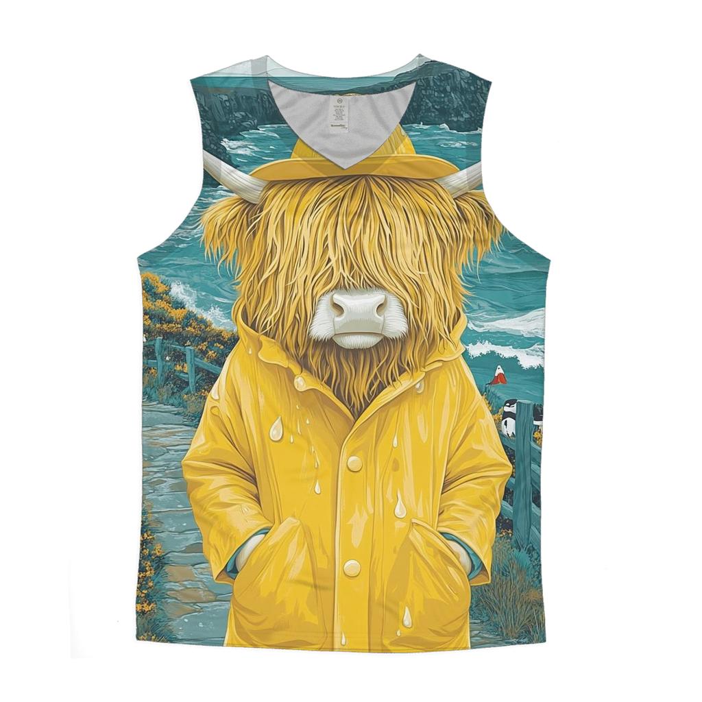 Highland Cow In Raincoat By The Sea Cliffs casual summer tank tops