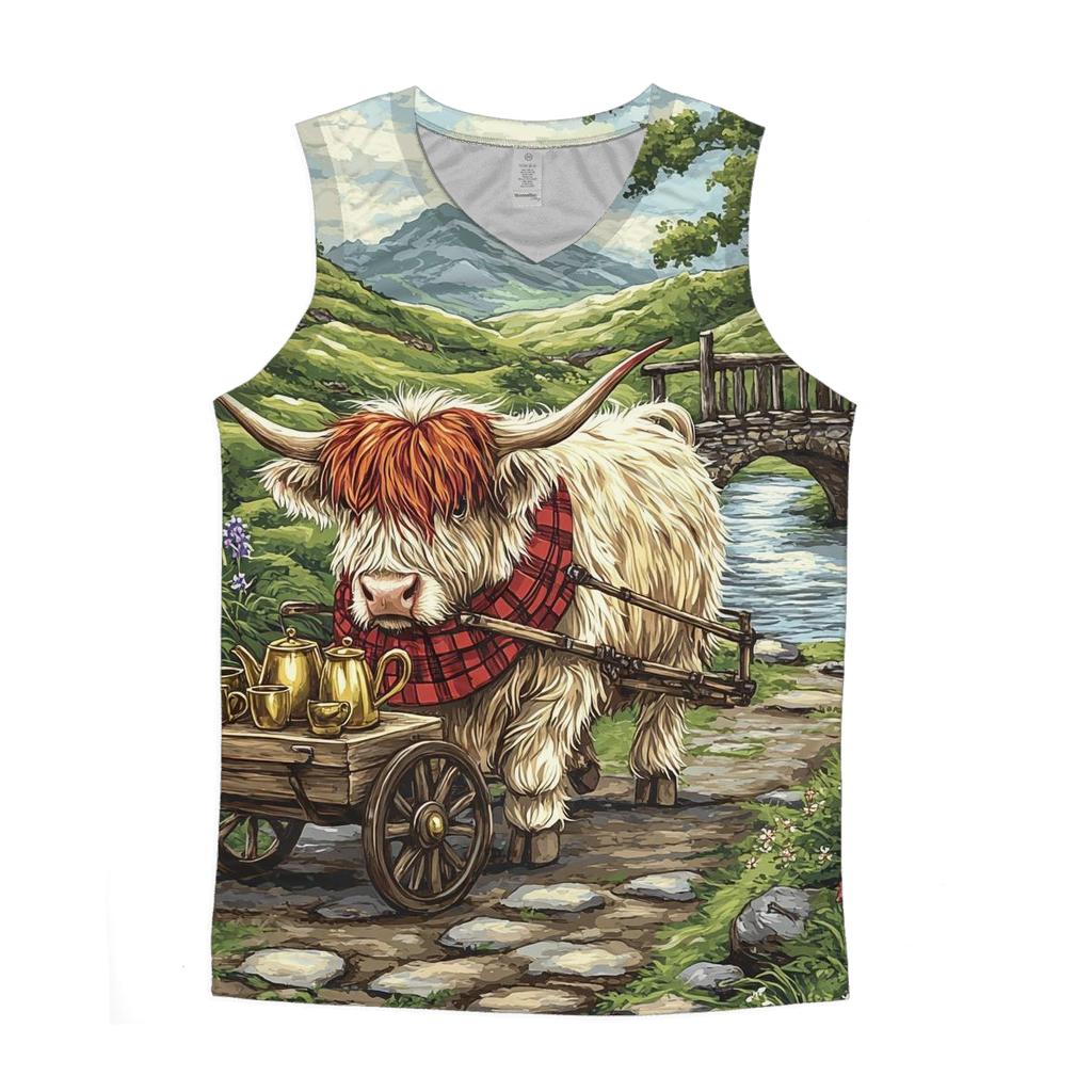 Highland Cow Tea Cart In The Glen personalized athletic tanks