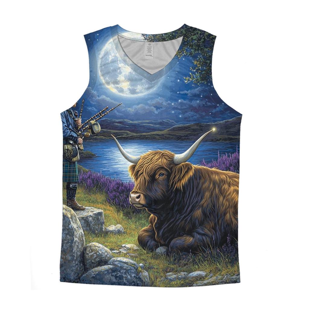 Moonlit Bagpiper With Highland Cow Listener designer workout tanks