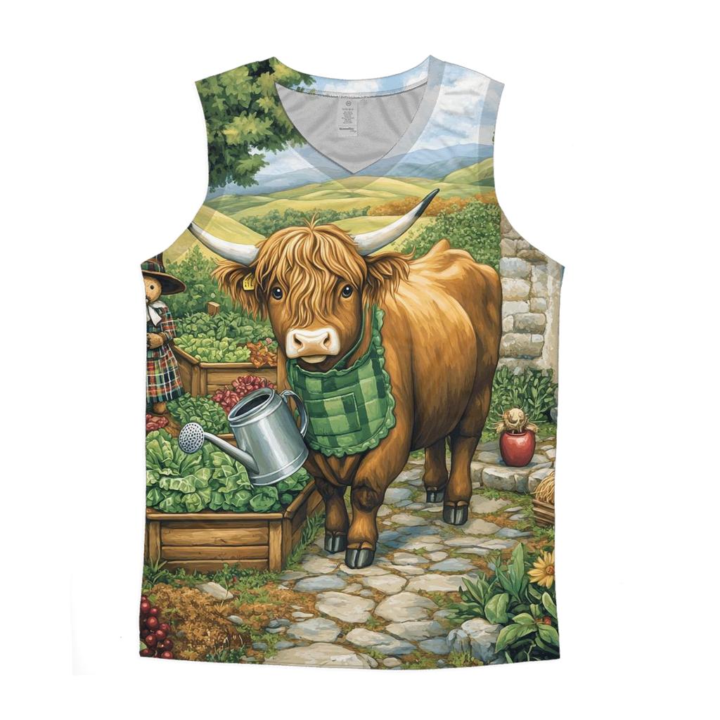 Highland Cow Gardener In A Cottage Plot graphic print tank tops