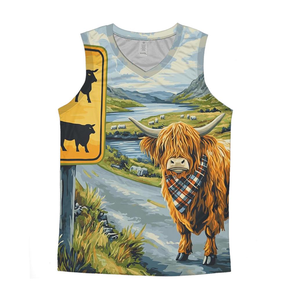 Highland Cow Crossing Sign At The Roadside graphic print tank tops