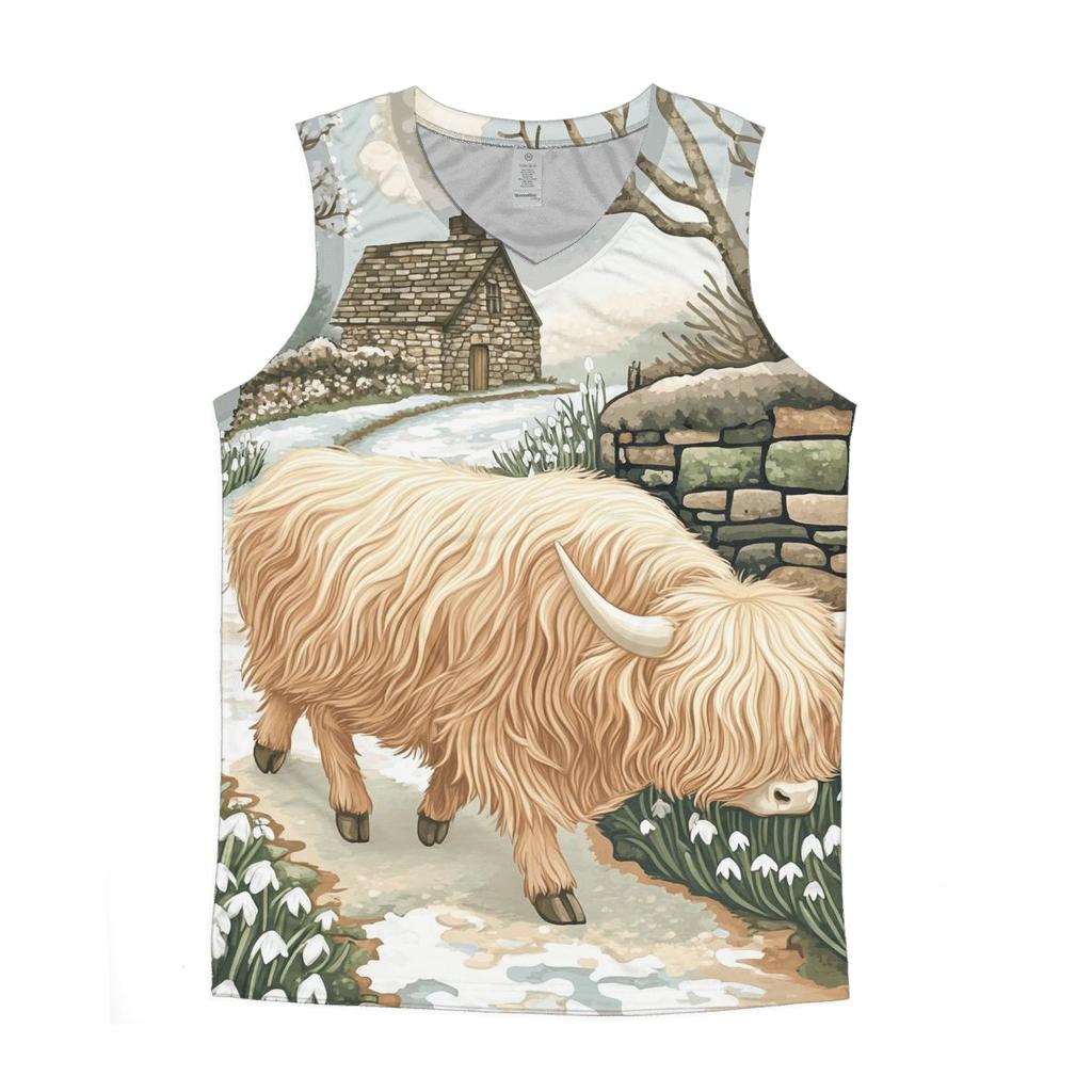 Highland Cow Snowdrop Path In Early Spring graphic print tank tops