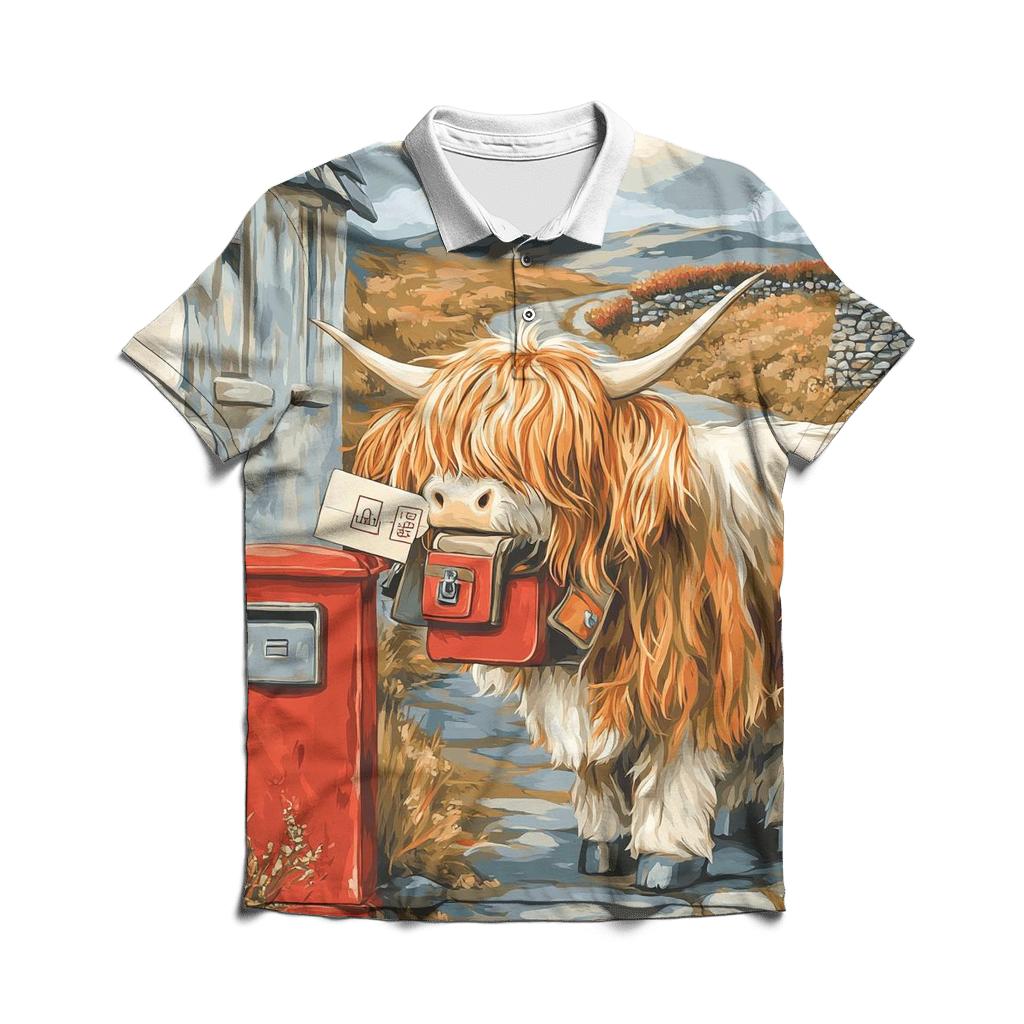 Highland Cow Postmaster At The Croft Gate casual sports polo shirts