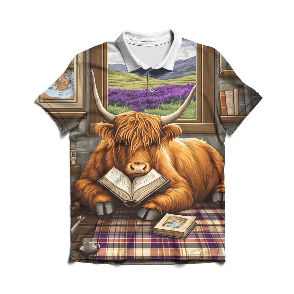 Heather Library Reading Highland Cow premium cotton polo shirts