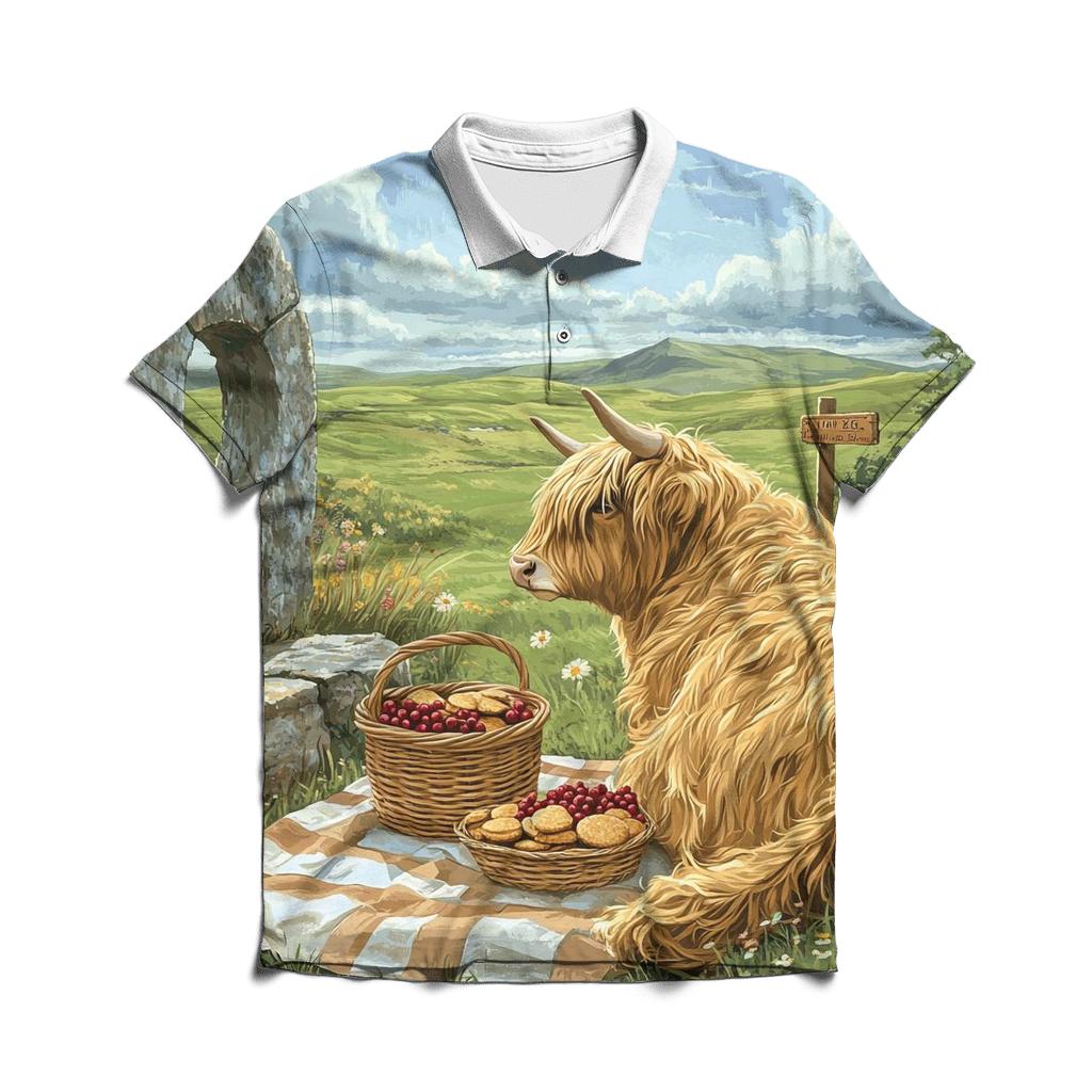 Stone Circle Picnic, Highland Cow Companion premium cotton polo shirts