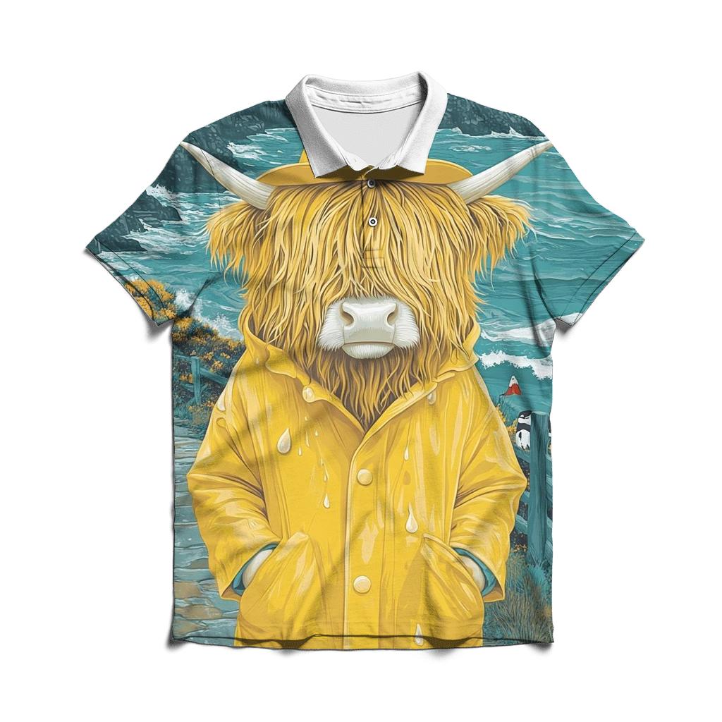 Highland Cow In Raincoat By The Sea Cliffs casual sports polo shirts