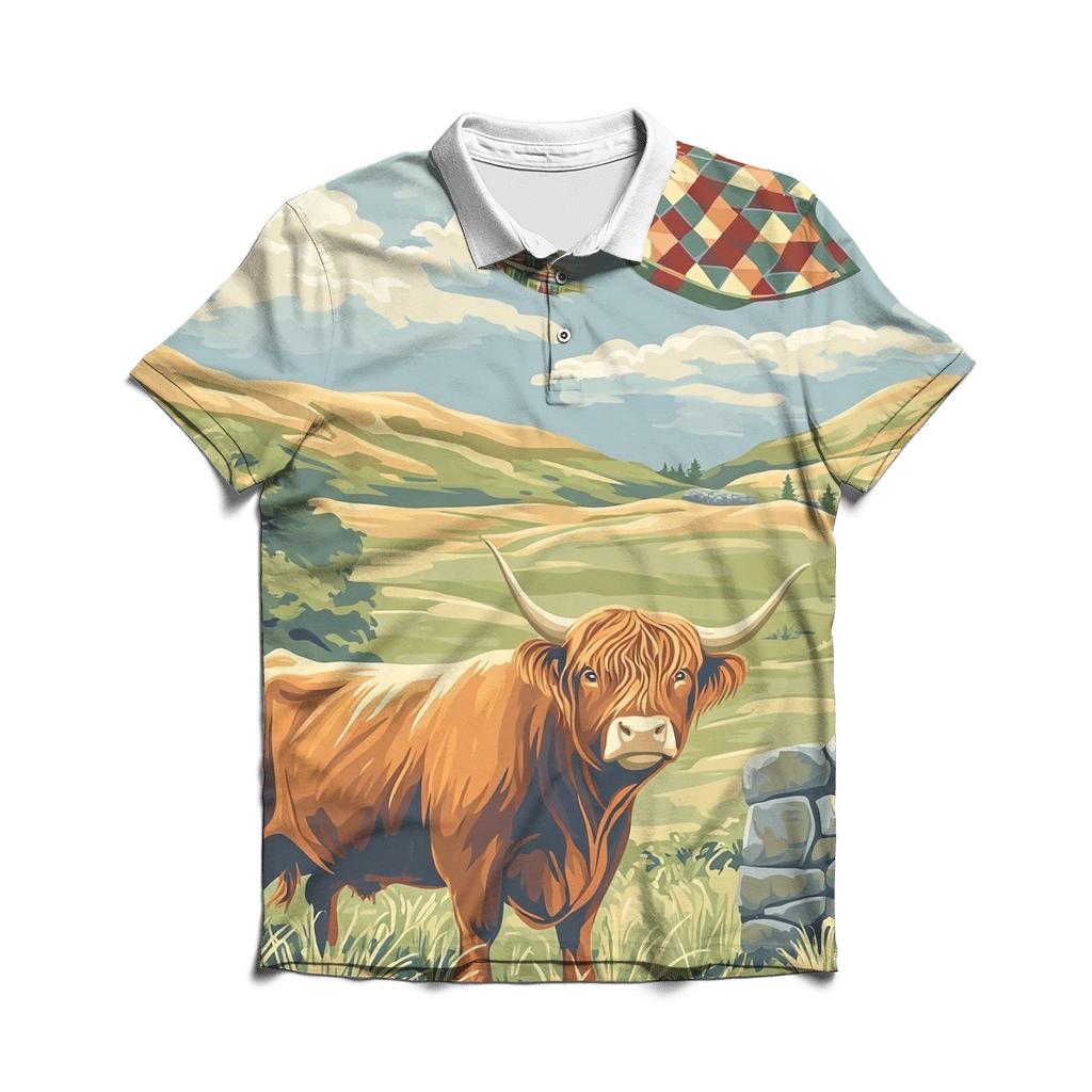 Tartan Kite Field With Highland Cow Watcher casual sports polo shirts