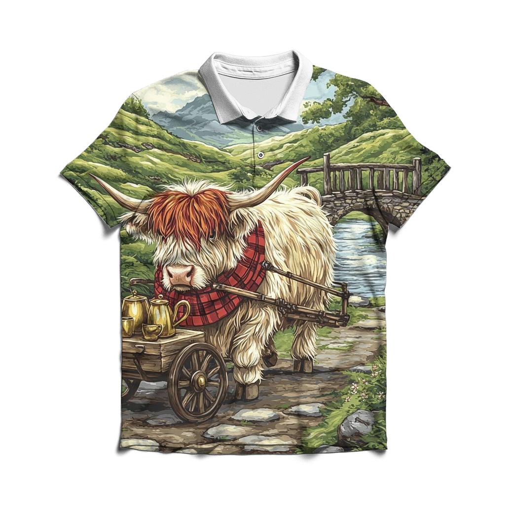 Highland Cow Tea Cart In The Glen designer slim fit polos