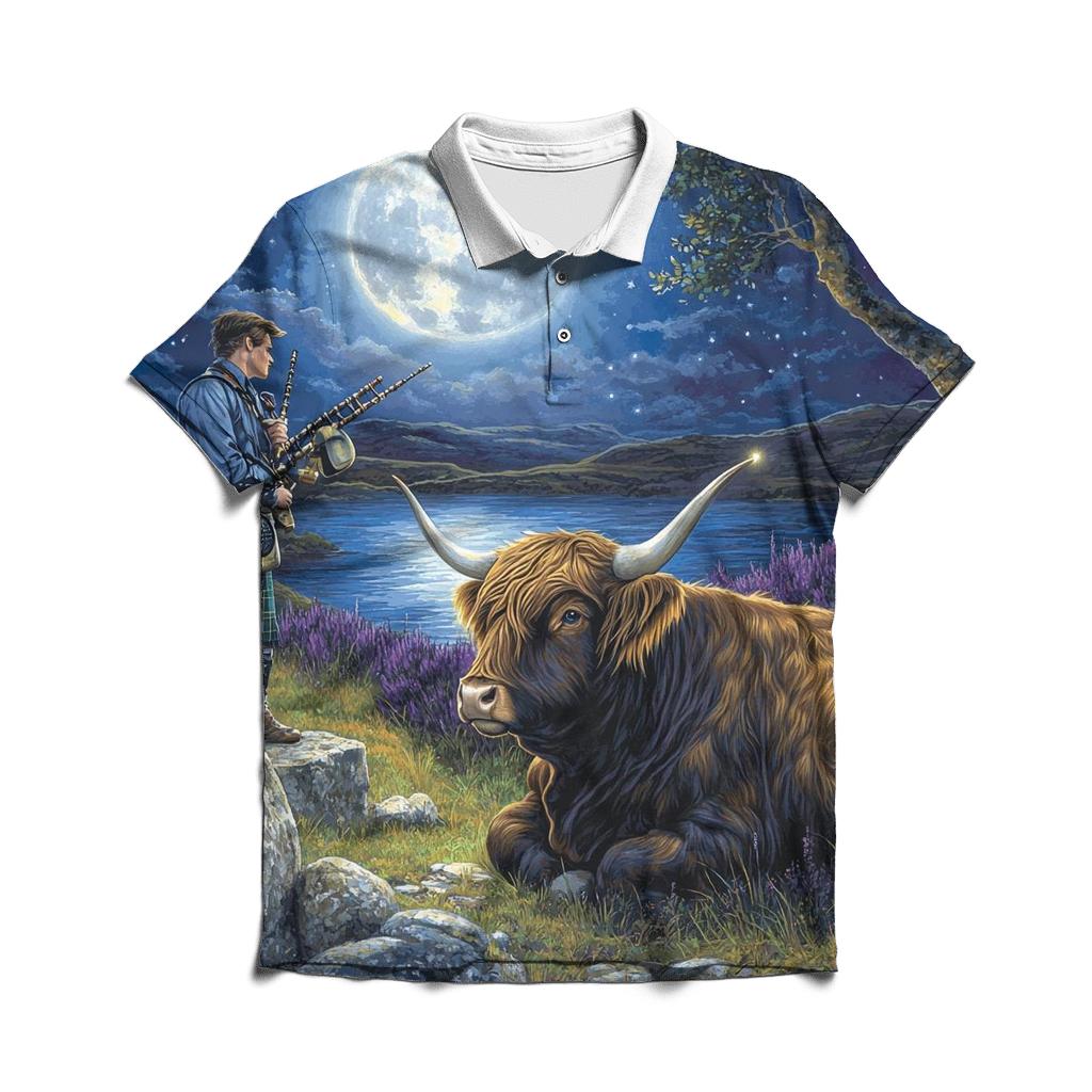 Moonlit Bagpiper With Highland Cow Listener designer slim fit polos