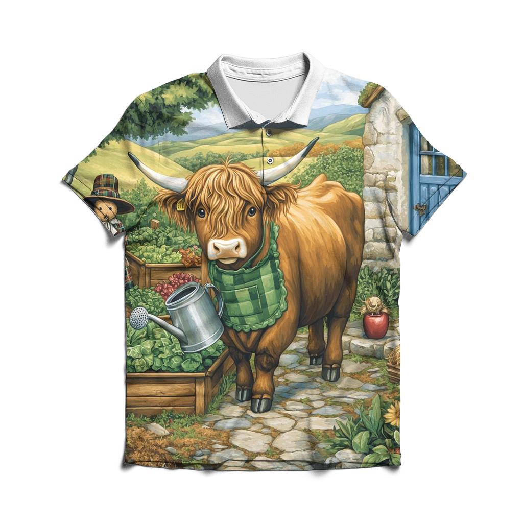 Highland Cow Gardener In A Cottage Plot premium cotton polo shirts