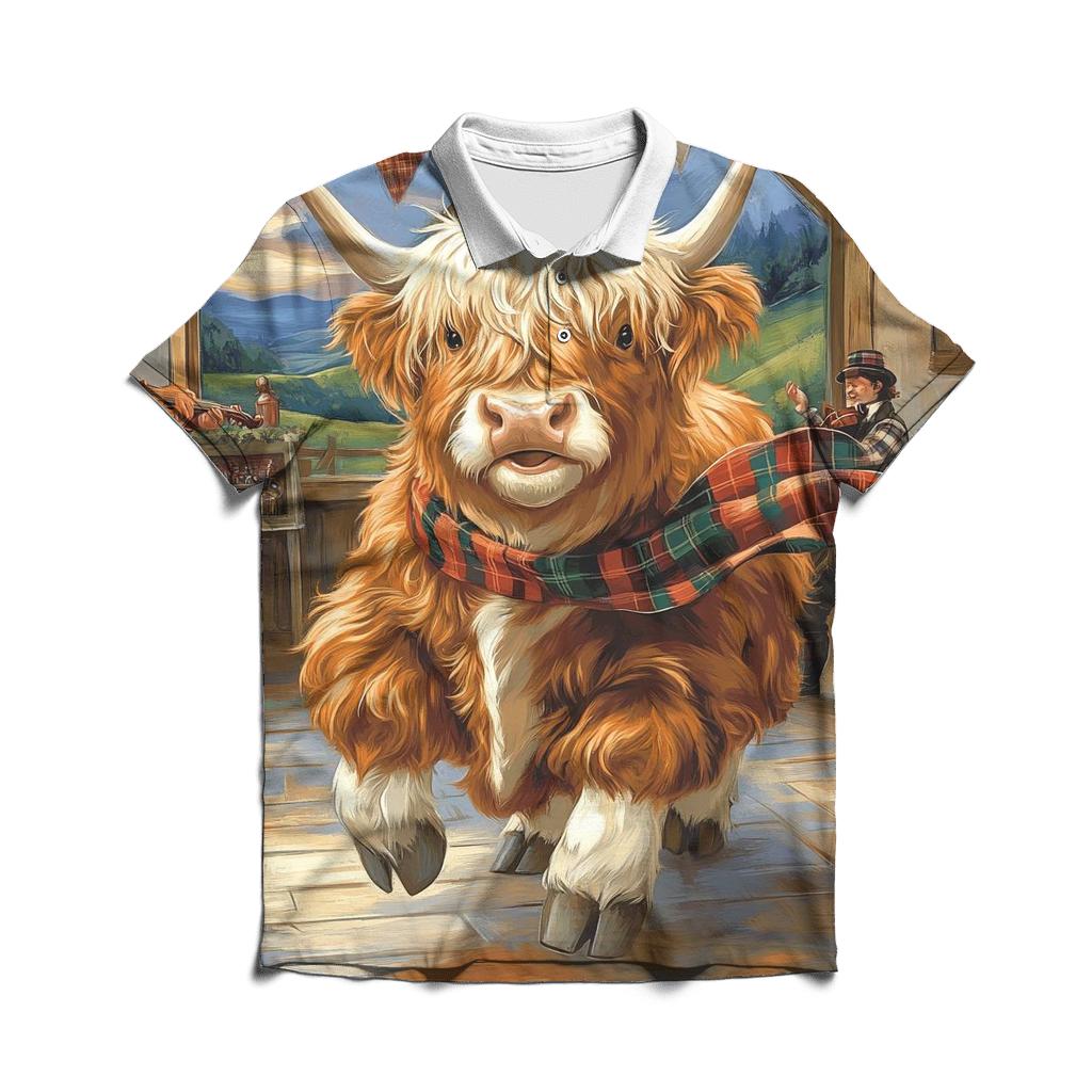Ceilidh Dance Partner, Highland Cow Spin designer slim fit polos
