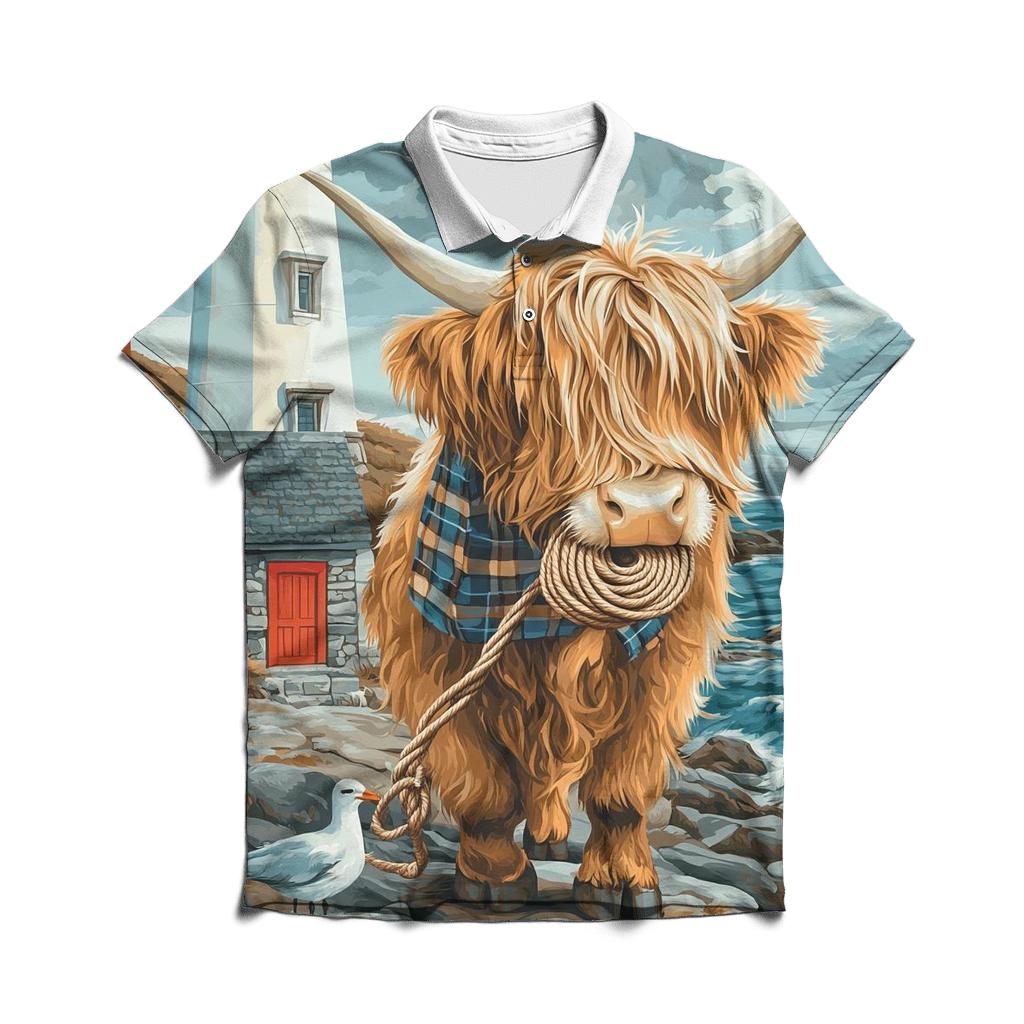 Highland Cow Lighthouse Keeper Helper premium cotton polo shirts