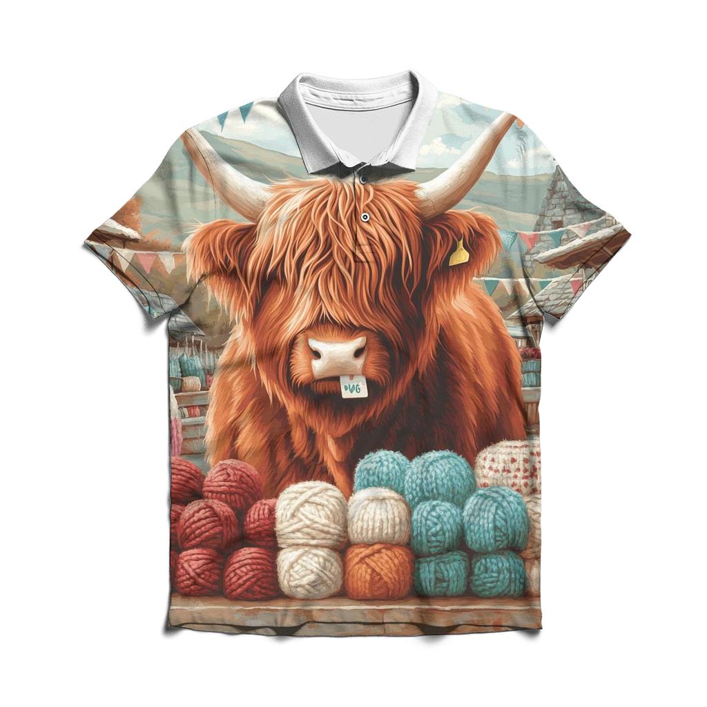 Highland Cow At The Wool Fair Stall designer slim fit polos