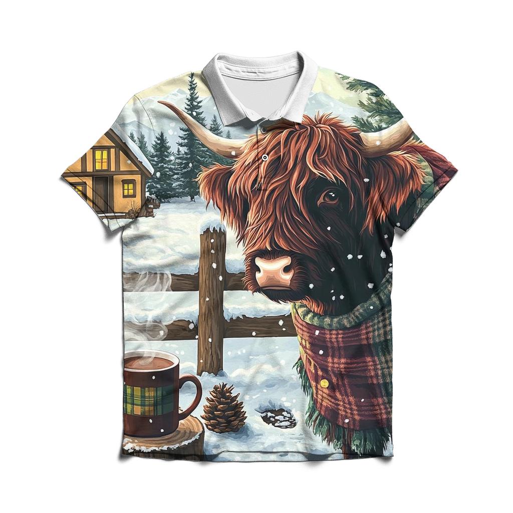 Winter Cocoa With Highland Cow By The Fence classic pique polos