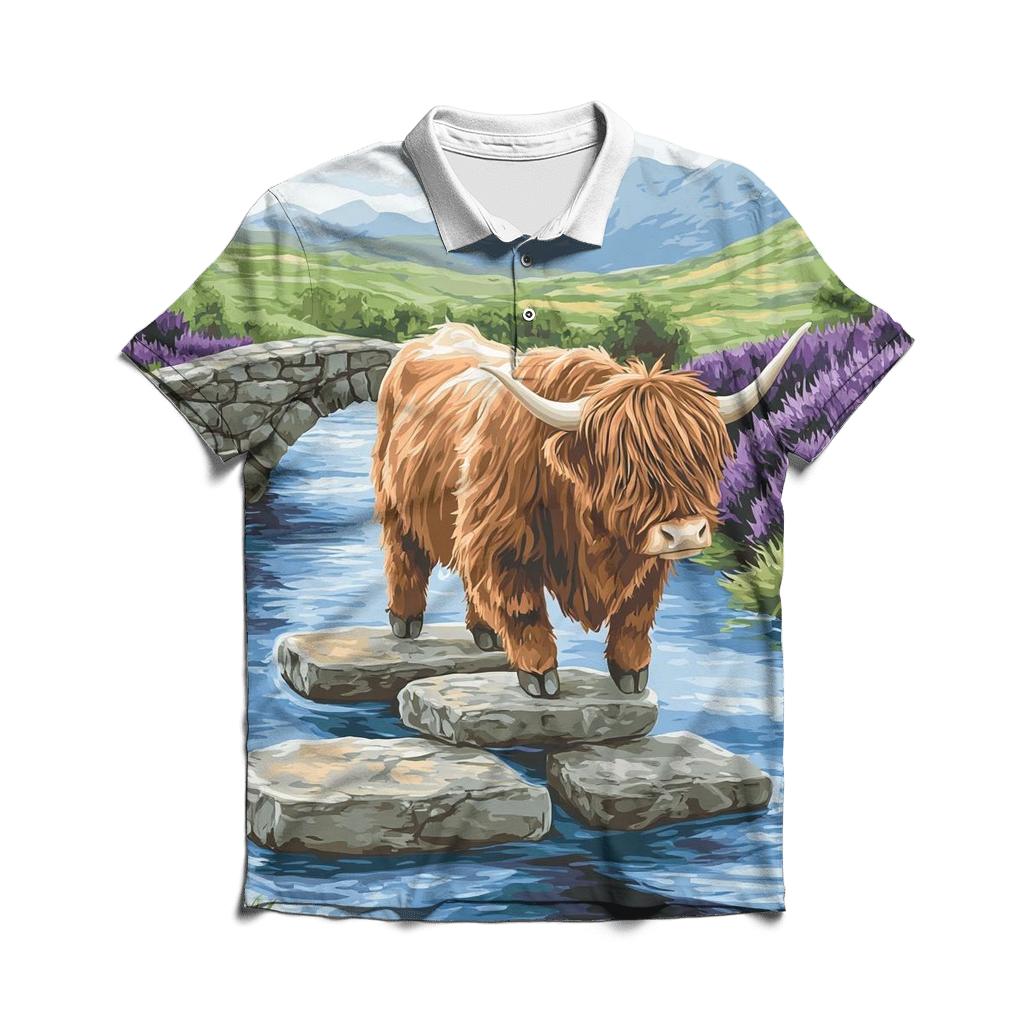 Highland Cow River Crossing On Stepping Stones classic pique polos