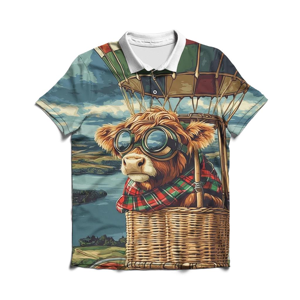 Highland Cow Balloon Ride Over The Loch premium cotton polo shirts