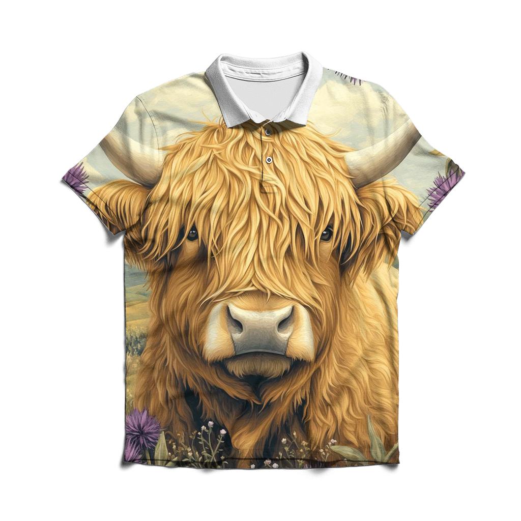 Highland Cow In Thistle Meadow Portrait stylish collar polo tees