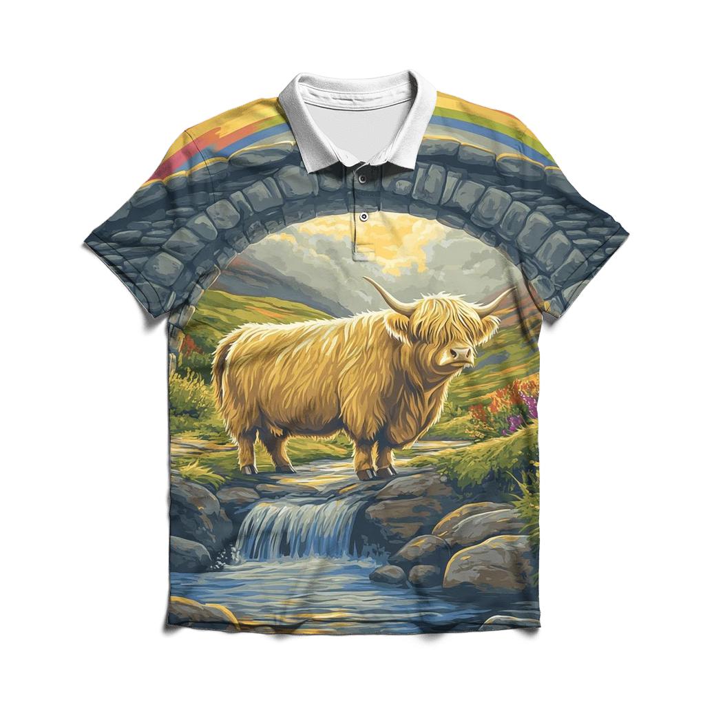 Highland Cow Under The Rainbow Bridge Arch embroidered polo tops