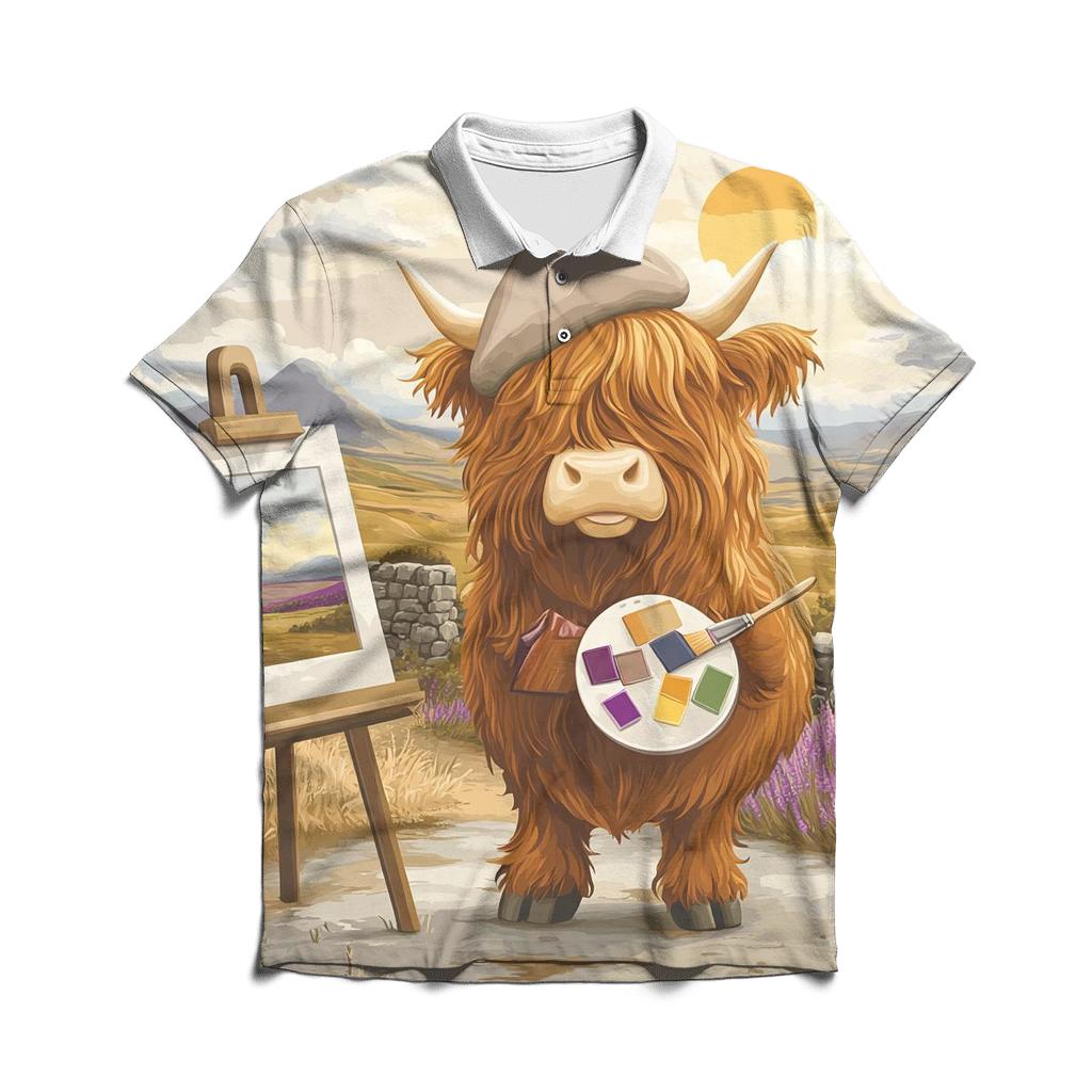 Highland Cow Art Student With Easel custom polo shirts