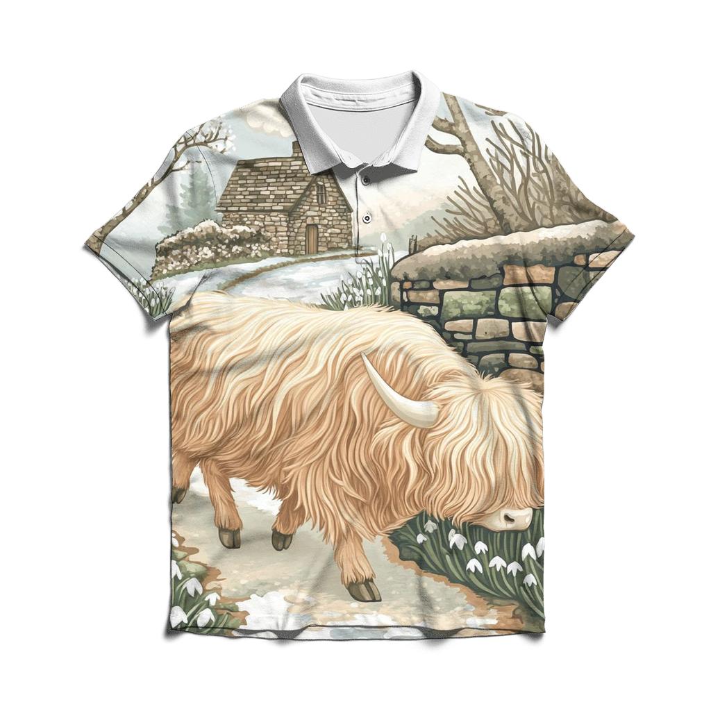 Highland Cow Snowdrop Path In Early Spring embroidered polo tops