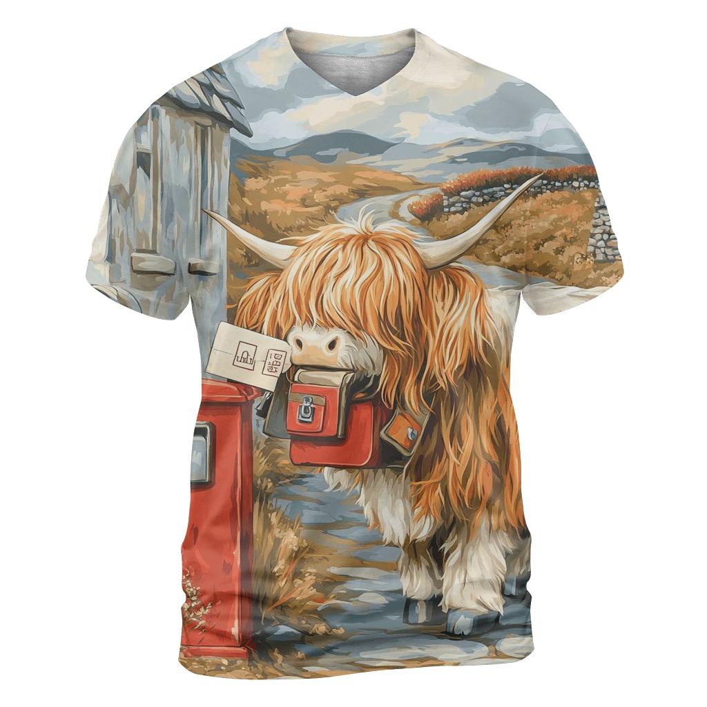 Highland Cow Postmaster At The Croft Gate vibrant all-over design tees