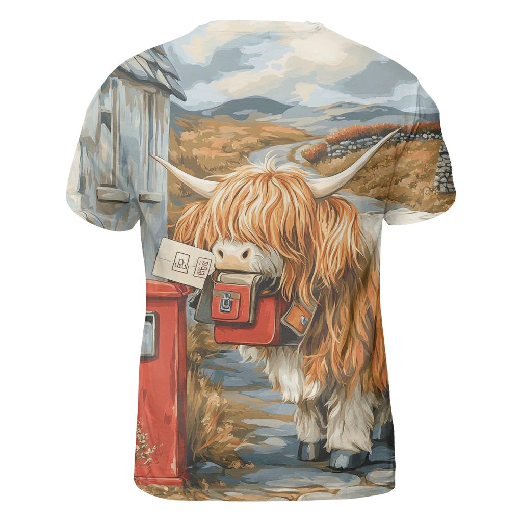 Highland Cow Postmaster At The Croft Gate vibrant all-over design tees