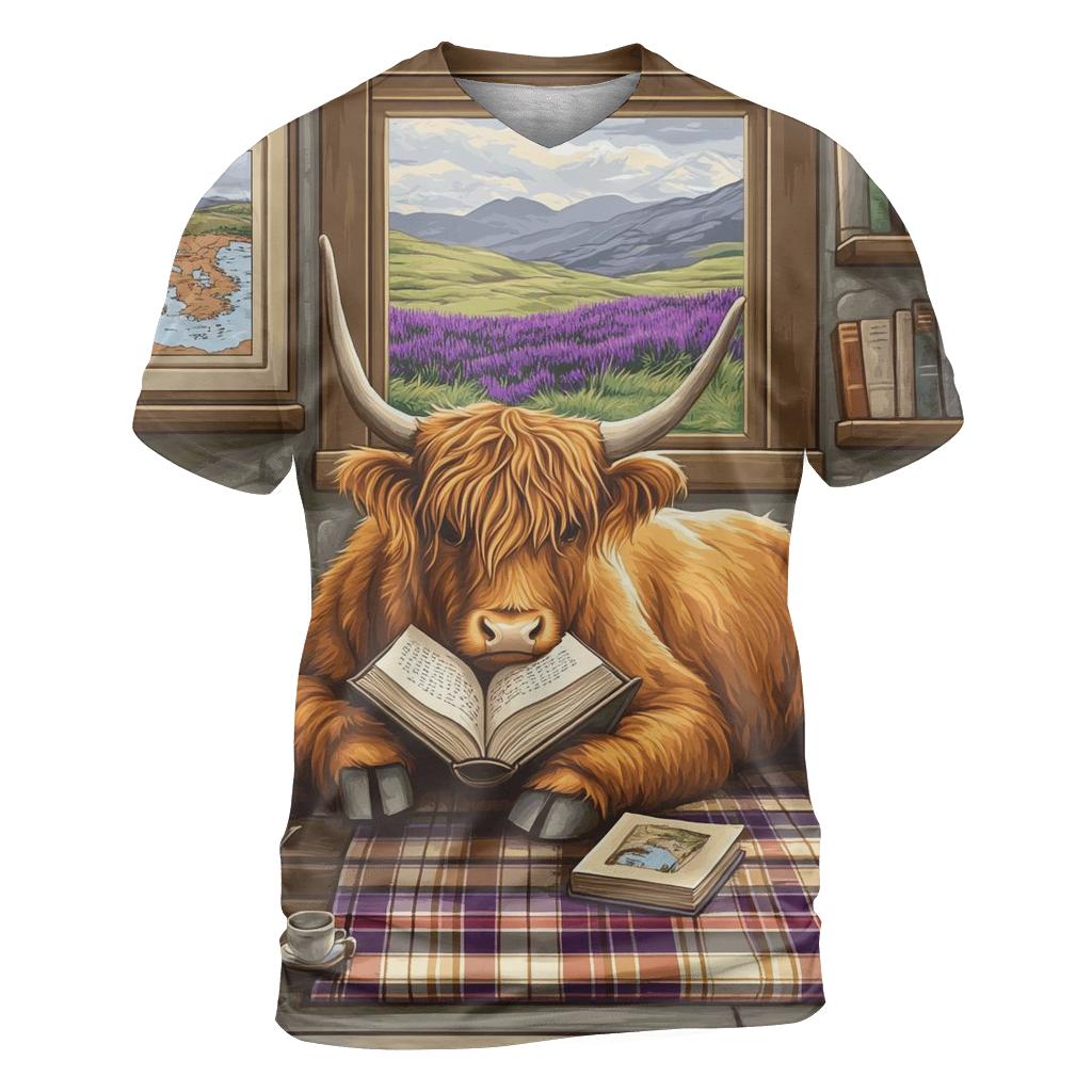 Heather Library Reading Highland Cow artistic all-over print tops