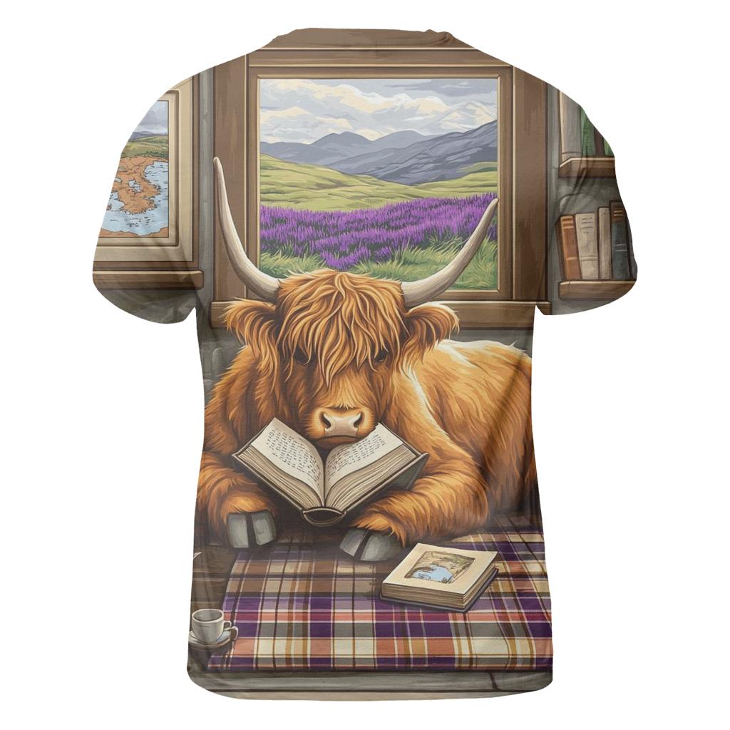Heather Library Reading Highland Cow artistic all-over print tops