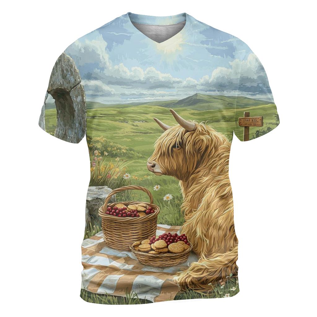Stone Circle Picnic, Highland Cow Companion artistic all-over print tops