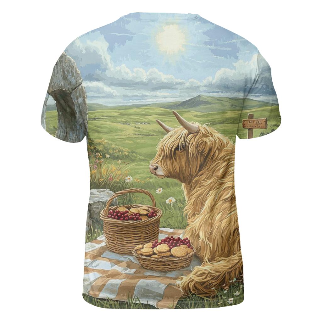 Stone Circle Picnic, Highland Cow Companion artistic all-over print tops