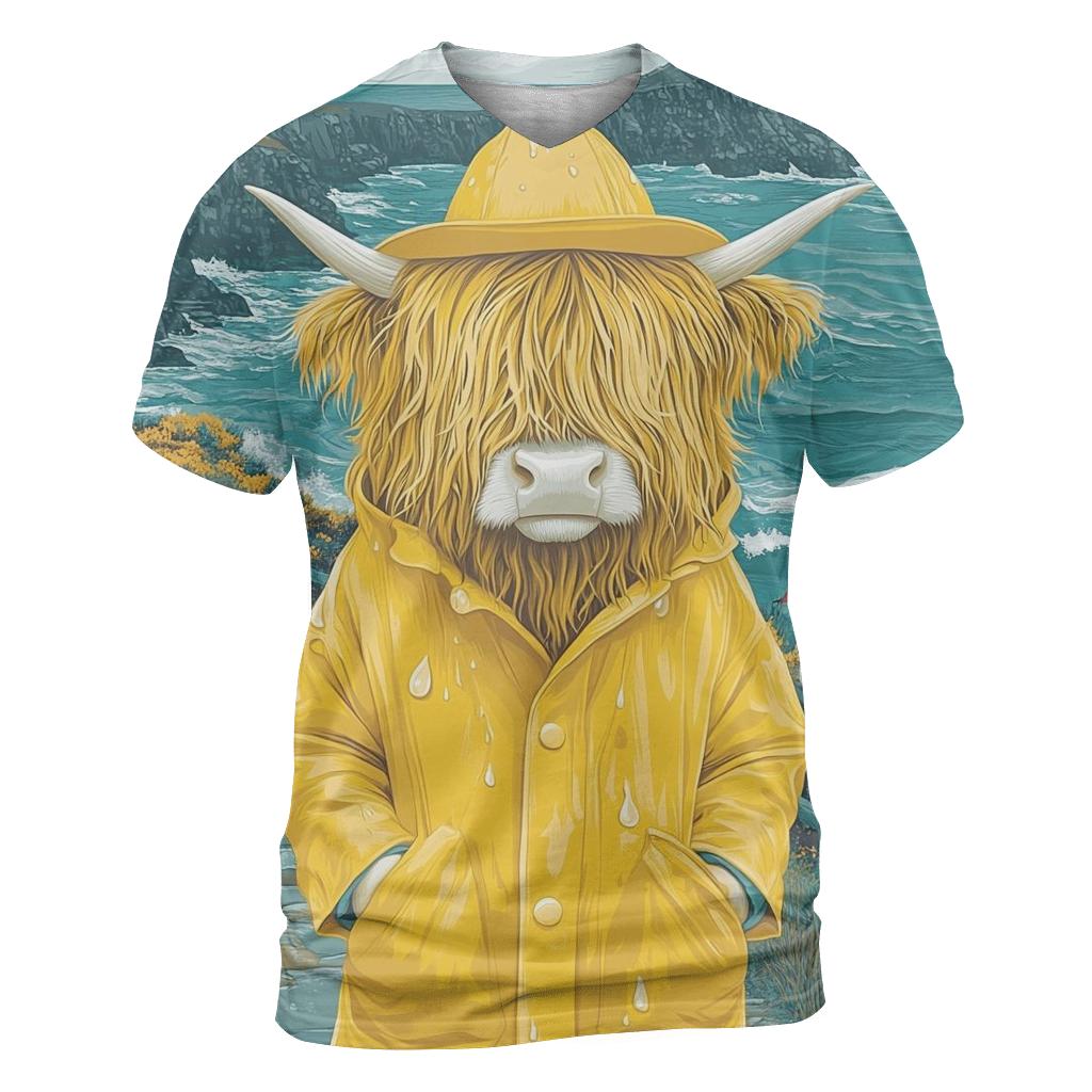 Highland Cow In Raincoat By The Sea Cliffs unique graphic print tees