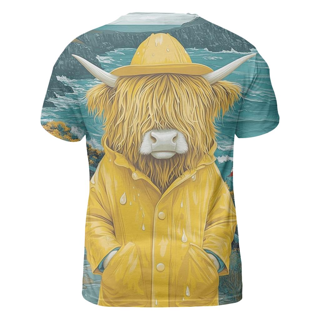 Highland Cow In Raincoat By The Sea Cliffs unique graphic print tees