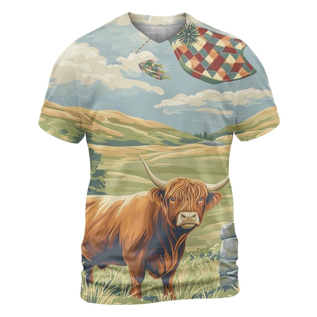 Tartan Kite Field With Highland Cow Watcher artistic all-over print tops