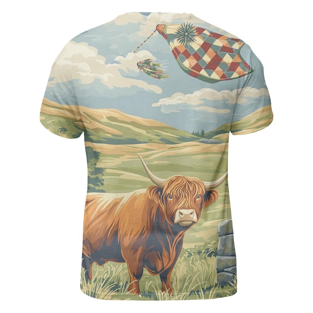Tartan Kite Field With Highland Cow Watcher artistic all-over print tops