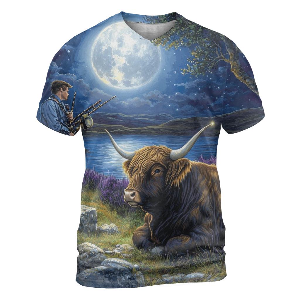 Moonlit Bagpiper With Highland Cow Listener custom all-over print shirts