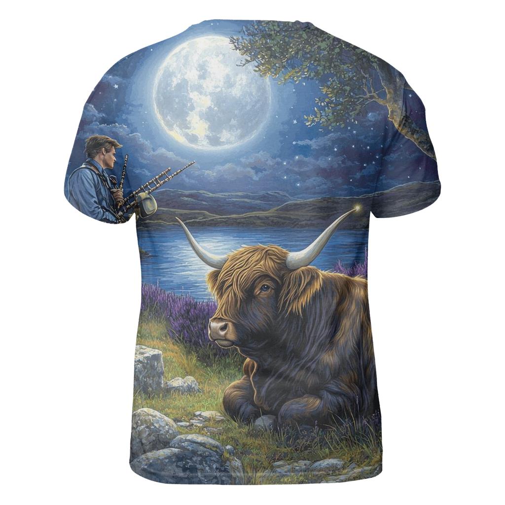 Moonlit Bagpiper With Highland Cow Listener custom all-over print shirts