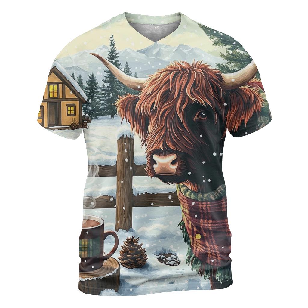 Winter Cocoa With Highland Cow By The Fence designer pattern shirts
