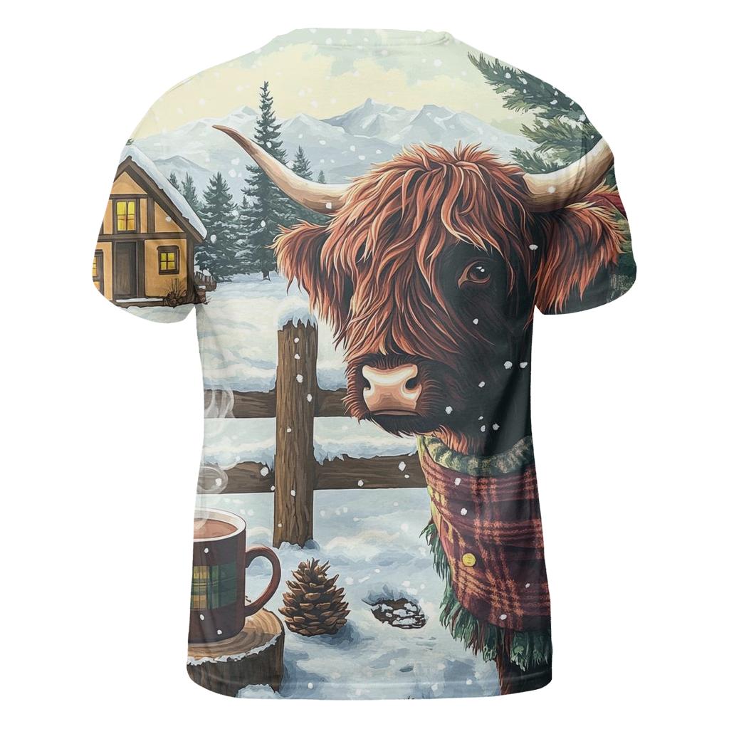 Winter Cocoa With Highland Cow By The Fence designer pattern shirts