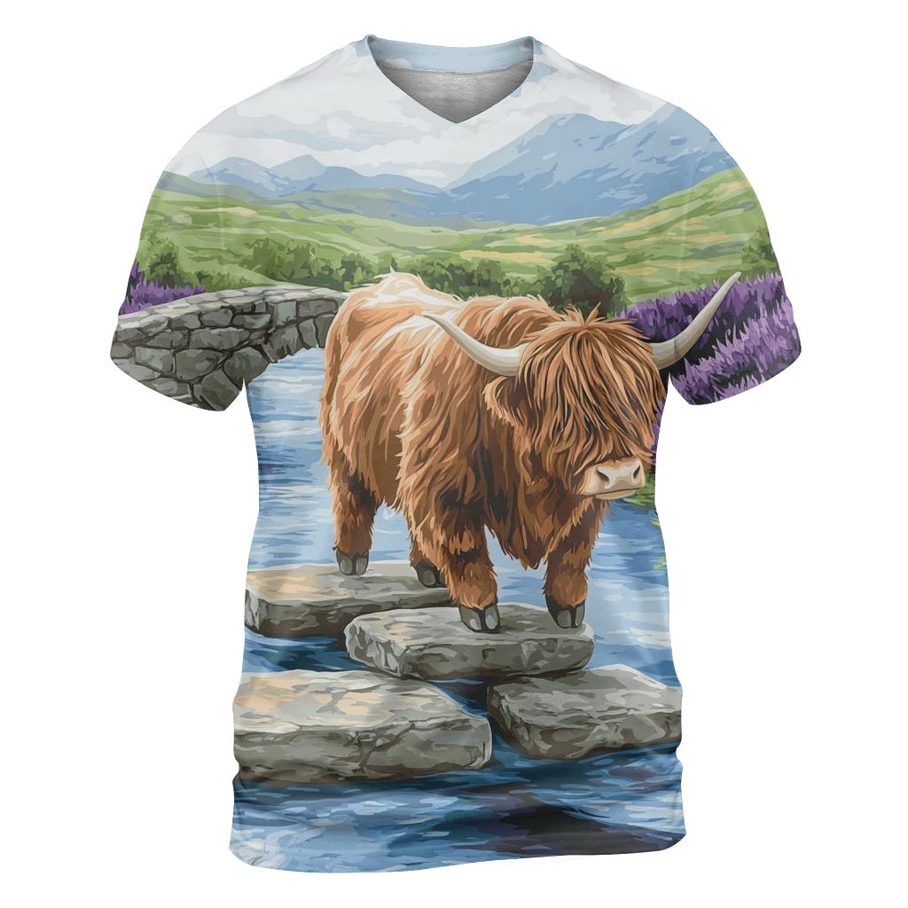 Highland Cow River Crossing On Stepping Stones unique graphic print tees