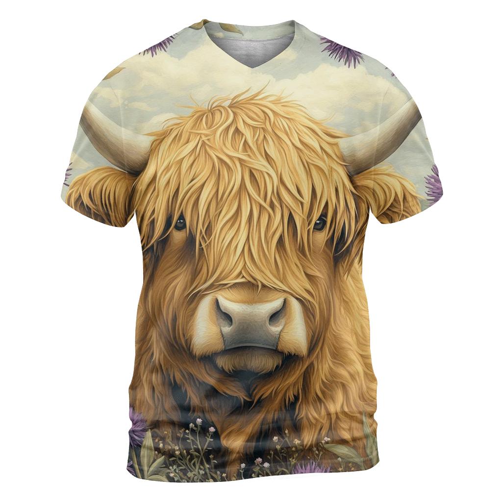 Highland Cow In Thistle Meadow Portrait unique graphic print tees