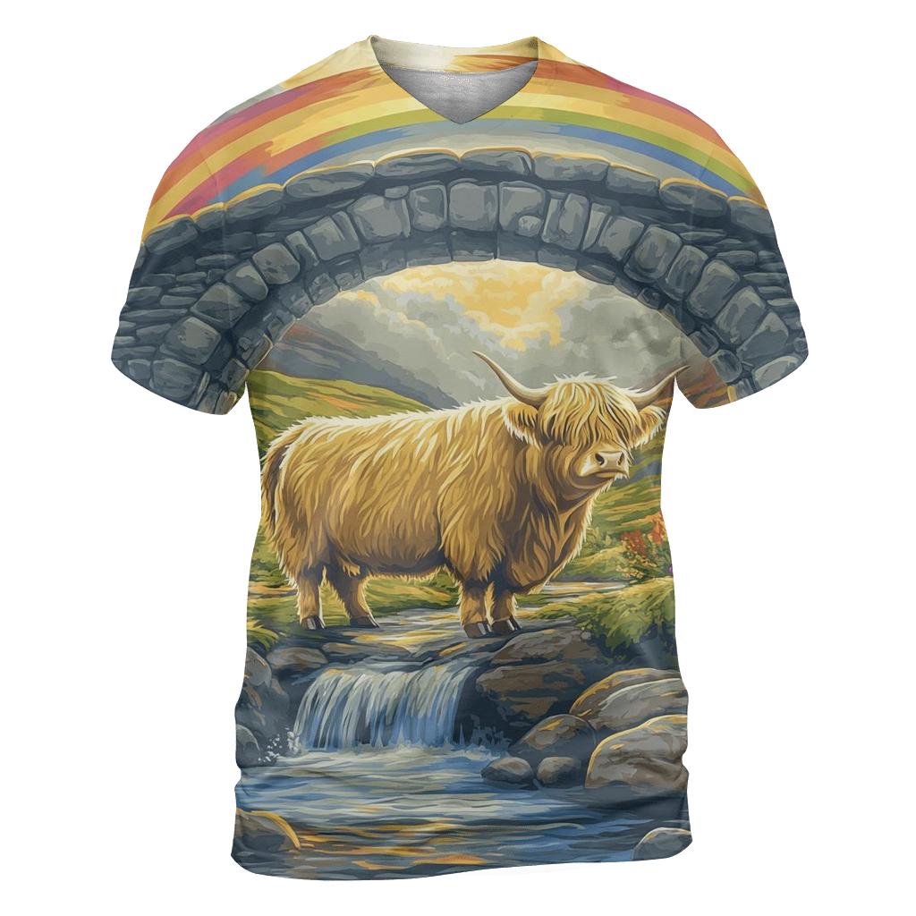 Highland Cow Under The Rainbow Bridge Arch artistic all-over print tops