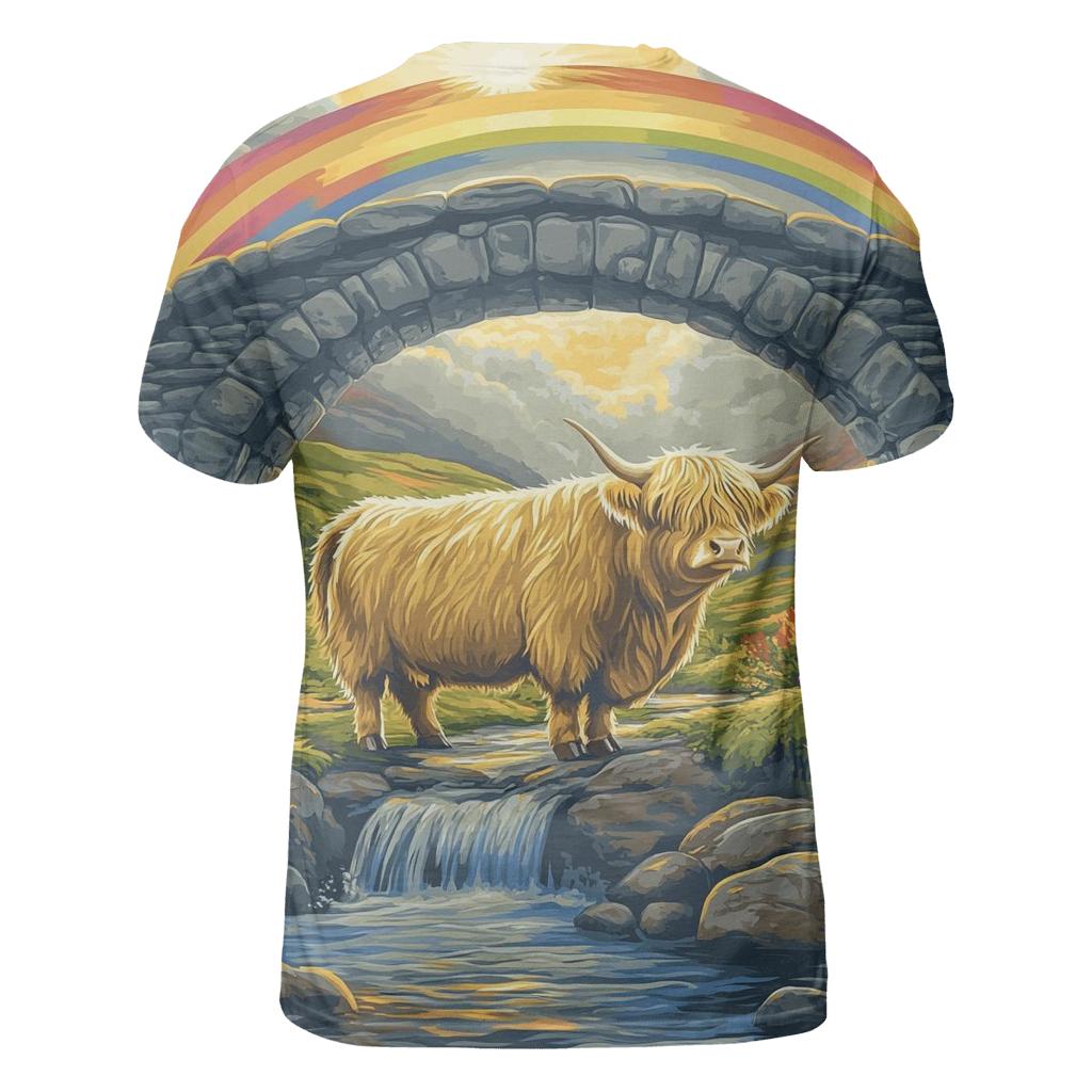 Highland Cow Under The Rainbow Bridge Arch artistic all-over print tops