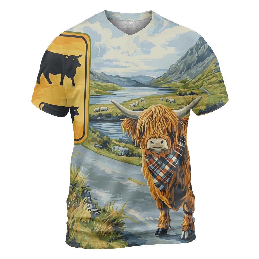 Highland Cow Crossing Sign At The Roadside unique graphic print tees