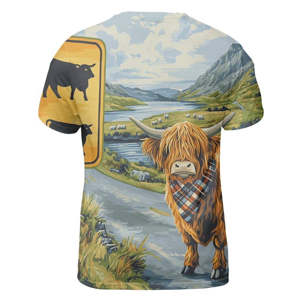 Highland Cow Crossing Sign At The Roadside unique graphic print tees