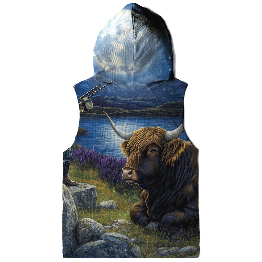 Moonlit Bagpiper With Highland Cow Listener zip-up hoodies