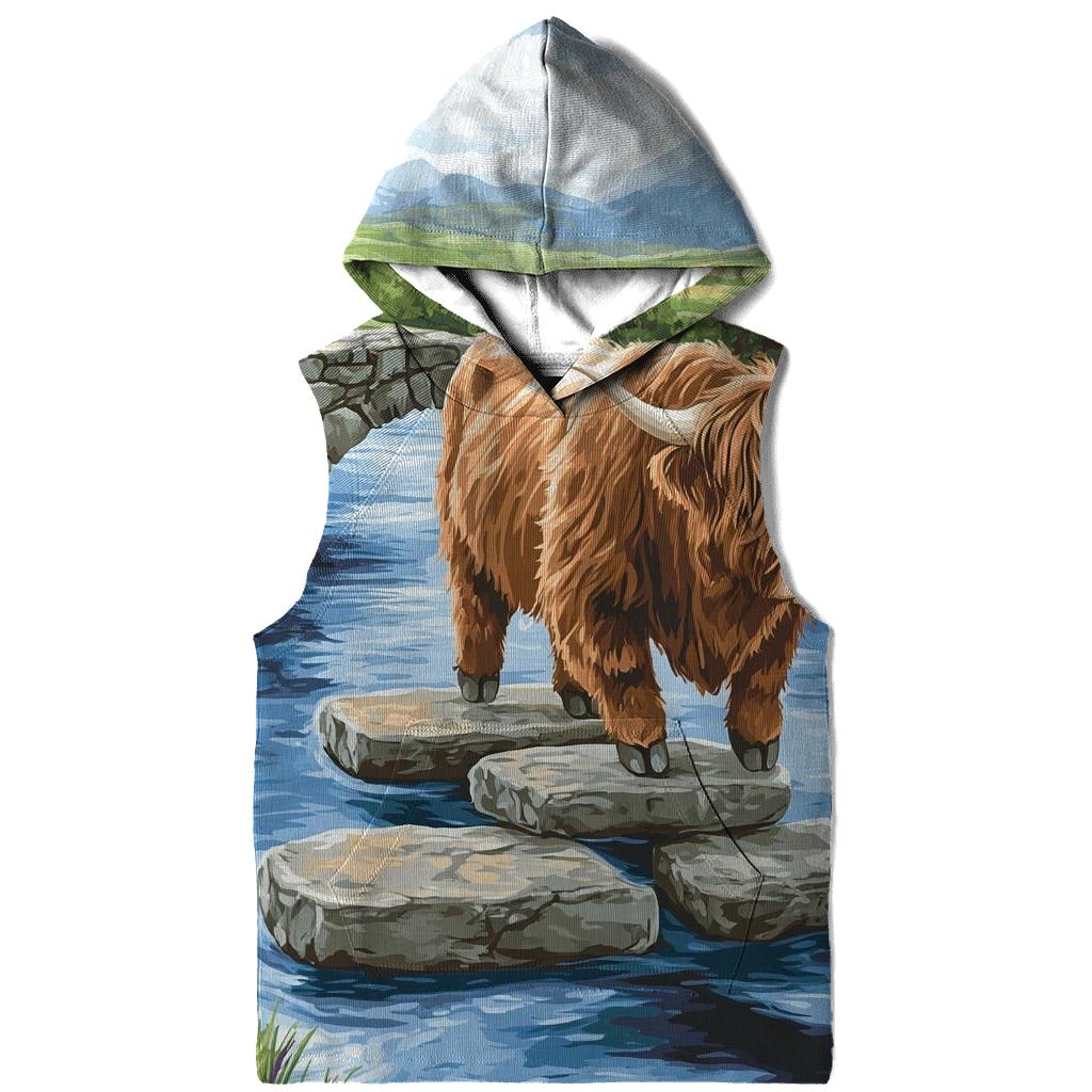 Highland Cow River Crossing On Stepping Stones pullover hoodies