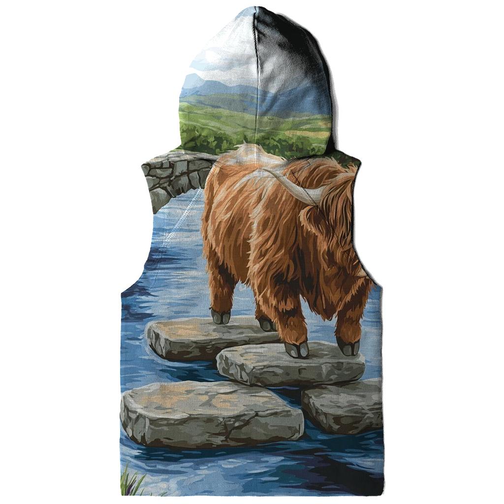 Highland Cow River Crossing On Stepping Stones pullover hoodies